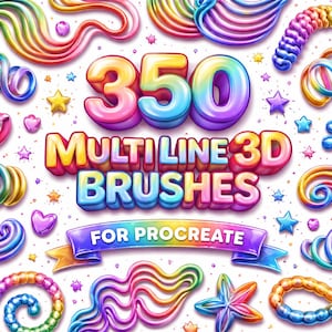 Può includere: Grafica digitale vibrante che mostra 350 pennelli 3D multi-linea per Procreate. L'immagine presenta esempi di tratti di pennello vorticosi nei colori dell'arcobaleno, insieme a stelle e cuori su sfondo bianco.