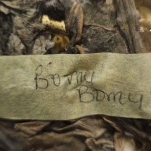 May include: An assortment of dried leaves and stems, likely herbs or botanicals, is shown. A label with the handwritten words "BOMU BOMU" is placed over the leaves. The image has a slightly blurred focus.