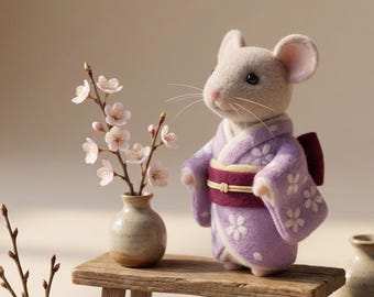 Figurine de souris kimono lavande feutrée à l'aiguille, poupée souris en feutre de laine, décoration fantaisiste d'inspiration japonaise, cadeau de Noël