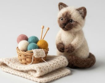 Figurine chat siamois feutrée à l'aiguille, sculpture de chaton en laine, mini décoration de bureau, art fibreux