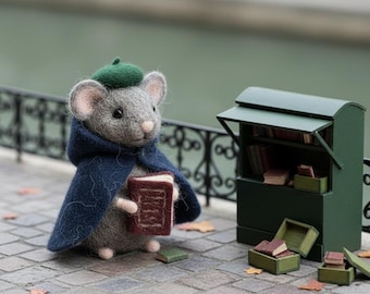 Souris de livre en feutre fait main, figurine de souris en feutre de laine avec cape et béret, décor de personnage de livre de contes, taille personnalisée disponible