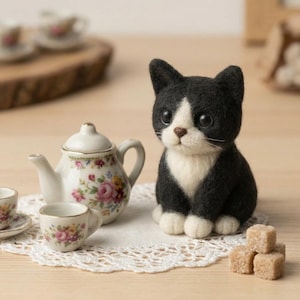Custom Size Needle Felted Tuxedo Cat Doll, Handmade Wool Felt Kitten Plush, Mini Cat Figurine, Cat Lover Gift, Christmas or Halloween Gift