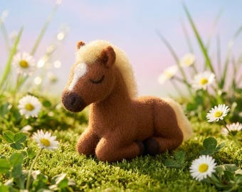 Needle Felted Sleeping Foal Pony – Brown Wool Horse Figurine, Nursery Decor