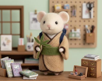 Figurine de souris feutrée à l'aiguille, voyageur de sac à dos kimono, décoration fantaisiste en laine