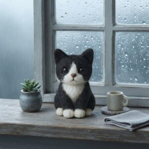 Custom Size Needle Felted Tuxedo Cat Doll, Wool Felt Kitten Plush, Mini Cat Figurine image 9