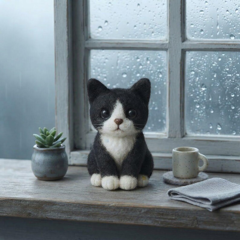Custom Size Needle Felted Tuxedo Cat Doll, Wool Felt Kitten Plush, Mini Cat Figurine image 9