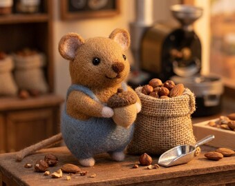 Needle Felted Mouse Figurine with Acorn, Wool Woodland Miniature, Farmhouse Decor