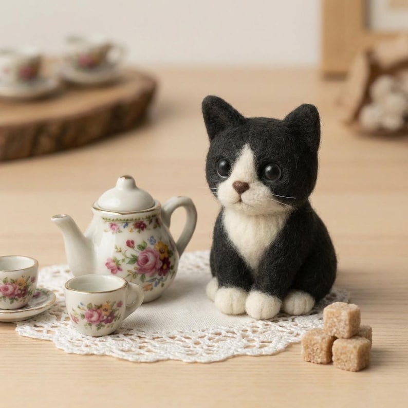 May include: A handcrafted felt cat figurine with black and white fur sits beside a miniature tea set. The tea set includes a teapot and two teacups with floral designs. Three sugar cubes are stacked nearby.