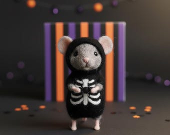 Souris squelette feutrée à l'aiguille faite main, figurine de souris Halloween en feutre de laine, décoration mignonne effrayante, taille personnalisée disponible, cadeau d'Halloween