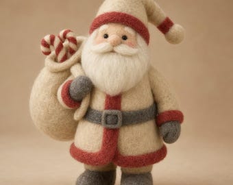 Needle Felted Santa Claus Doll, Wool Felt Christmas Figurine, Handmade Holiday Shelf Decor with Candy Cane Sack