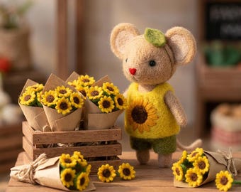 Figurine tenue tournesol souris feutrée à l'aiguille, mini décor animal en laine