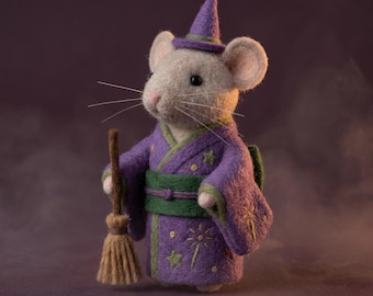 Halloween Witch Mouse Doll, Wool Felt Figurine in Purple Kimono with Broom and Pointed Hat, Gothic Autumn Decor