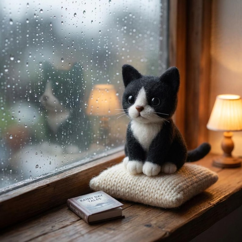 May include: A needle-felted black and white cat figurine with large dark eyes sits on a small cream-colored knit cushion. Next to the cushion lies a miniature book with the words "RAINY DAY TALES" printed clearly on the front cover.