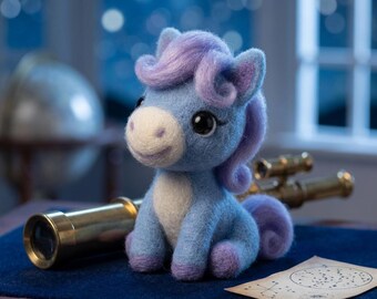 Needle Felted Blue Pony – Lavender Mane Wool Horse Figurine, Nursery Decor