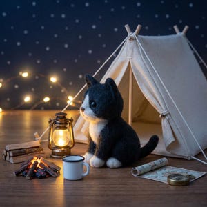 May include: A needle-felted black and white cat figurine sits beside a miniature canvas tent. The scene includes a small glowing lantern, a stack of wooden logs, a tiny campfire, a white enamel mug, a rolled-up map, and a small brass compass.