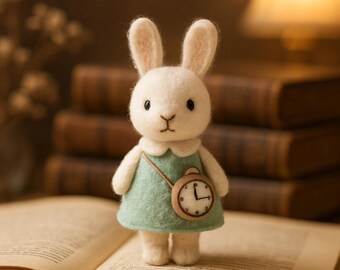 Custom Needle Felted Bunny Doll with Pocket Watch Bag | Alice-Inspired Wool Rabbit Miniature