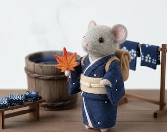 Figurine de souris feutrée à l'aiguille, kimono, feuille d'érable, sac à dos, décoration fantaisiste