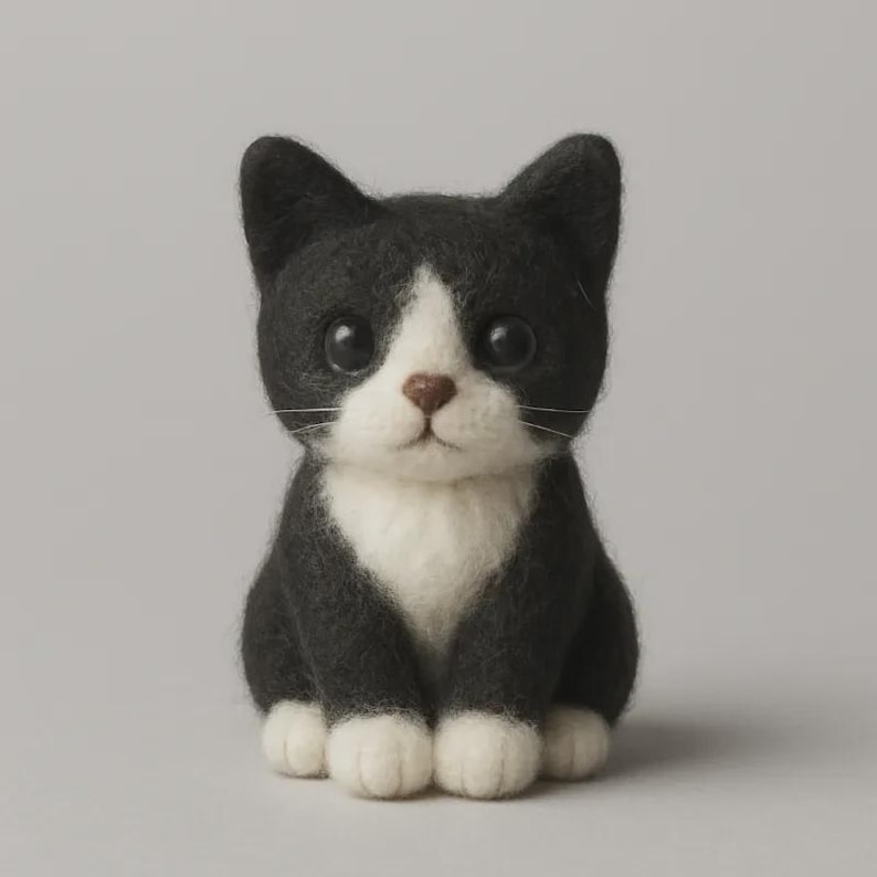 May include: A needle felted cat figurine featuring black and white fur. The cat has a black head and back with a white chest, muzzle, and paws. It has large, dark, glossy eyes, a small brown nose, and thin white whiskers on a neutral background.