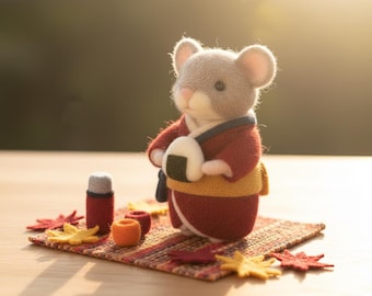 Figurine de souris feutrée à l'aiguille, kimono, onigiri, art de la laine, décoration fantaisiste
