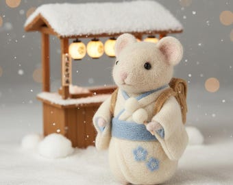 Figurine de souris feutrée à l'aiguille, sac à dos kimono Dango, décoration Cottagecore livre de contes