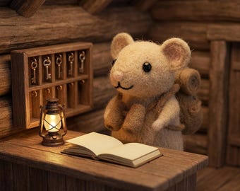 Handmade Needle Felted Traveler Mouse with Backpack, Wool Adventure Figurine