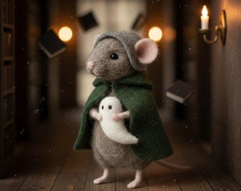 Souris fantôme en feutre de laine fait main en cape verte, figurine de souris Halloween en feutre de laine, décoration mignonne effrayante, cadeau d'Halloween