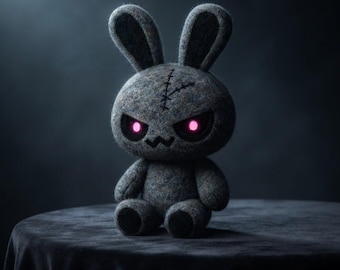 Gothic Rabbit Doll, Gray Wool Felt Bunny with Pink Eyes and Stitched Scar, Creepy Cute Plush Decor, Halloween Gothic Collectible
