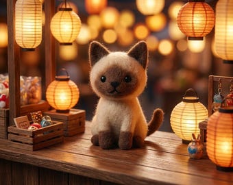 Figurine chat siamois feutrée à l'aiguille, sculpture de chaton en laine, décor marron crème