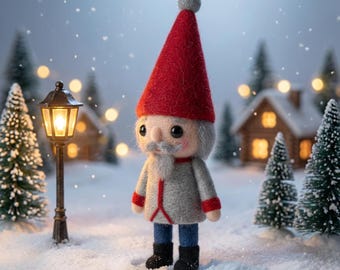 Poupée casse-noisette feutrée à la main (feutre de laine) - Taille personnalisée, chapeau rouge et manteau gris, cadeau de Noël, décoration de Noël à collectionner