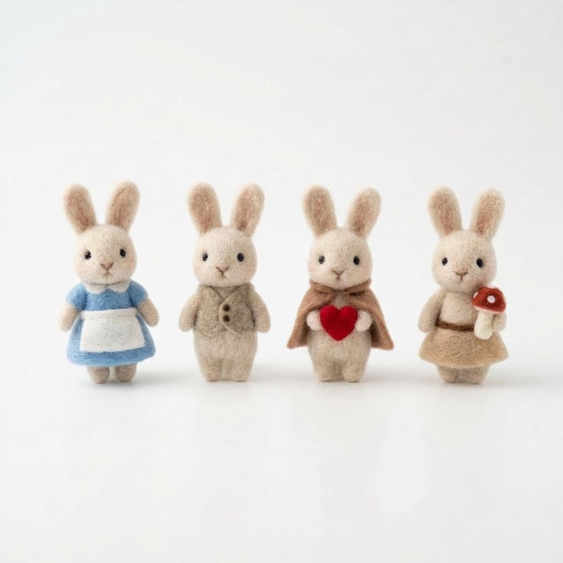 May include: Four handmade felt bunny figurines. One wears a blue dress with a white apron, another a tan vest, a third a brown cape holding a red heart, and the last a tan dress holding a mushroom.