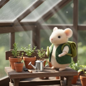 May include: A felted mouse figurine wearing a green vest and backpack stands near potted plants and a small watering can. The scene is set in a greenhouse with sunlight streaming through the glass, creating a whimsical garden theme.