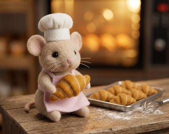 Needle Felted Baker Mouse with Croissant, Wool Chef Figurine, Bakery Decor