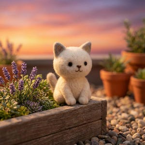 Filcowana igłowo figurka białego kota, wełniana rzeźba kociaka, miniaturowa dekoracja biurka, prezent dla miłośnika kotów