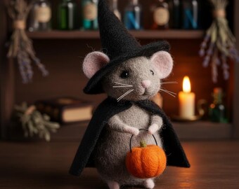 Souris de sorcière feutrée à l'aiguille faite main avec seau de citrouille, figurine de souris d'Halloween en feutre de laine, décoration mignonne effrayante, cadeau d'Halloween