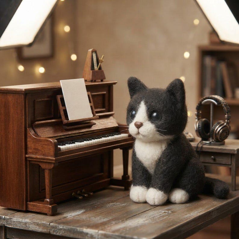Custom Size Needle Felted Tuxedo Cat Doll, Wool Felt Kitten Plush, Mini Cat Figurine image 10