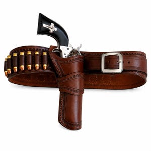 Handmade Leather Right Hand Colt Python Holster with Gun Belt | Fits 5-7" Barrel Western Cowboy Rig | Ammo Loops | Belt Size 32-50"