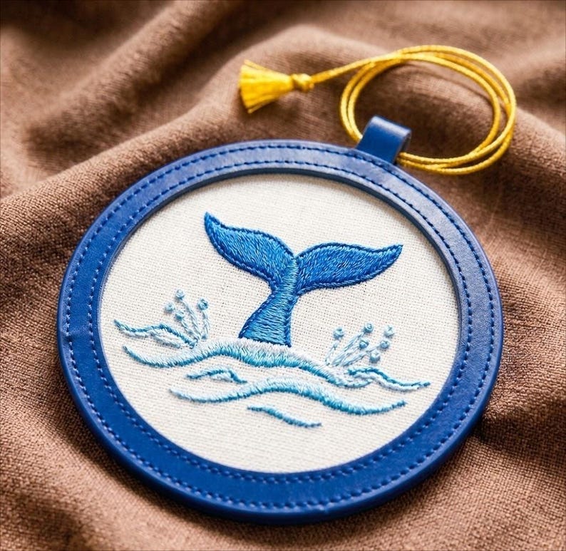 May include: A circular embroidered design featuring a blue whale tail emerging from waves. The design is set in a blue frame with a yellow cord and tassel attached. The design is on a white background.