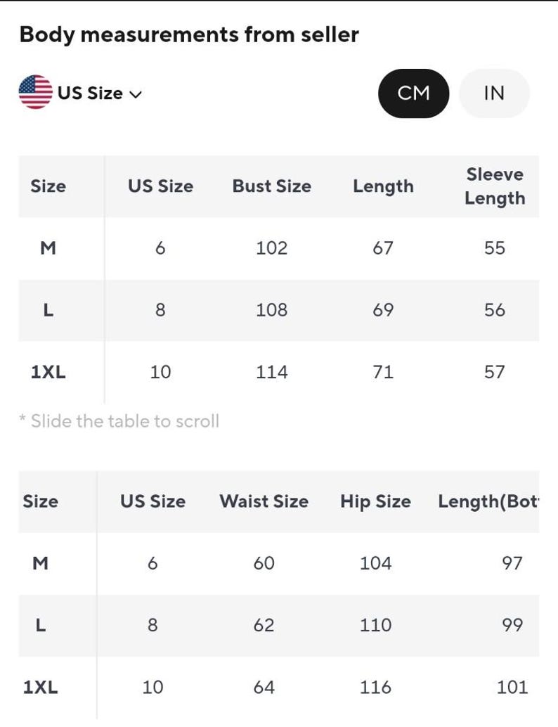 Może przedstawiać: Biała tabela z wymiarami ciała od sprzedawcy. Tabela pokazuje rozmiary amerykańskie, obw&oacute;d biustu, długość i długość rękawa w centymetrach. Tabela pokazuje r&oacute;wnież obw&oacute;d talii, obw&oacute;d bioder i długość w centymetrach.