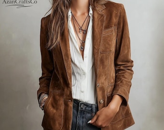 Vintage Style Brown Suede Look Blazer Jacket with Pockets | Autumn Casual Chic Outerwear