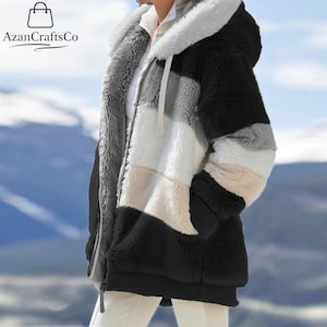 Plyschig fleecejacka med färgblock, mysig vinterjacka med dragkedja