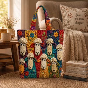 Bolso de viaje acolchado con estampado de ovejas y retazos vibrantes, bolso de hombro estilo bohemio con estampado de granja brillante.