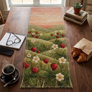Strawberry Fields Sunset Quilted Table Runner, Green Hill Landscape Table Decor, Spring Easter Dining Decoration, Fruit Theme Home Decor