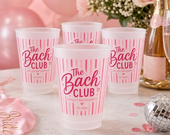 Personalized Pink Striped Bachelorette Cups, Custom Bach Club Frosted Plastic Party Favors, Nicole's Bachelorette Drinkware, 2026 Gift Idea