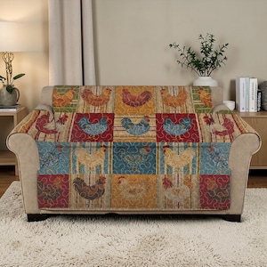 Farmhouse Rooster Quilted Sofa Cover, Rustic Chicken Patchwork Furniture Protector, Custom Sofa, Luxury Country Hen Living Room Slipcover