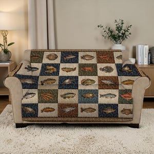 Housse de canapé matelassée poisson vintage, jeté de canapé sur le thème de la pêche, protecteur de meubles patchwork animalier, housse de canapé de luxe, décoration cabane