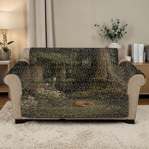 Deep Forest Fox Luxury Sofa Cover, Green Woodland Furniture Protector, Artistic Wildlife Quilted Sofa Cover, Cozy Nature Custom Sofa Wrap