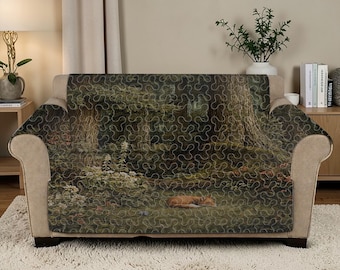 Funda de sofá de lujo con estampado de zorro del bosque profundo, protector de muebles con diseño de bosque verde, funda de sofá acolchada con diseño artístico de fauna silvestre, funda de sofá personalizada con diseño acogedor de naturaleza.