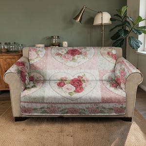 Housse de canapé matelassée shabby chic, jeté de canapé floral coeur de roses roses, housse de canapé de luxe, décoration de protection de meubles en patchwork de fleurs romantiques
