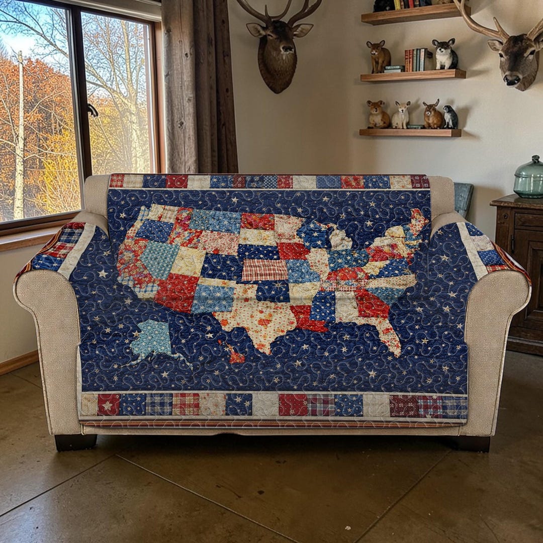 State Patchwork USA Map Patchwork Quilted Sofa Cover, American State Pattern Couch ...