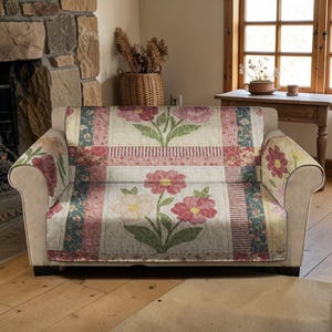 Rustic Floral Patchwork Quilted Sofa Cover, Red Rose Garden Couch Throw, Luxury Sofa Cover, Country Bloom Furniture Protector, Seat Cover